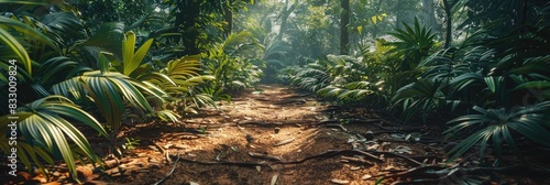 Serene rainforest trail with lush green foliage and sunlight filtering through the trees, ideal for nature and hiking enthusiasts. photo