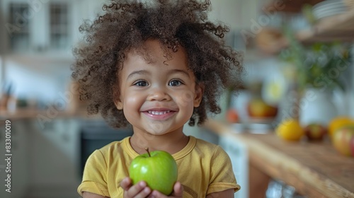 adorable black toddler smiling and holding fresh green apple at home photo