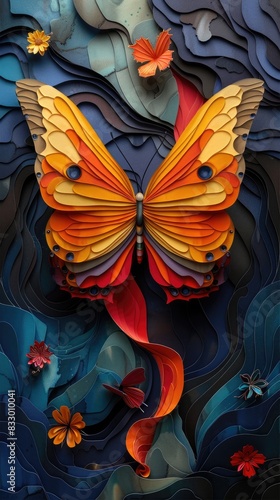 Exquisite craftsmanship: colorful butterfly and flower organic paper sculpture design, an illustration of dreamy romance, perfect for banner, capturing the beauty of nature in intricate detail.