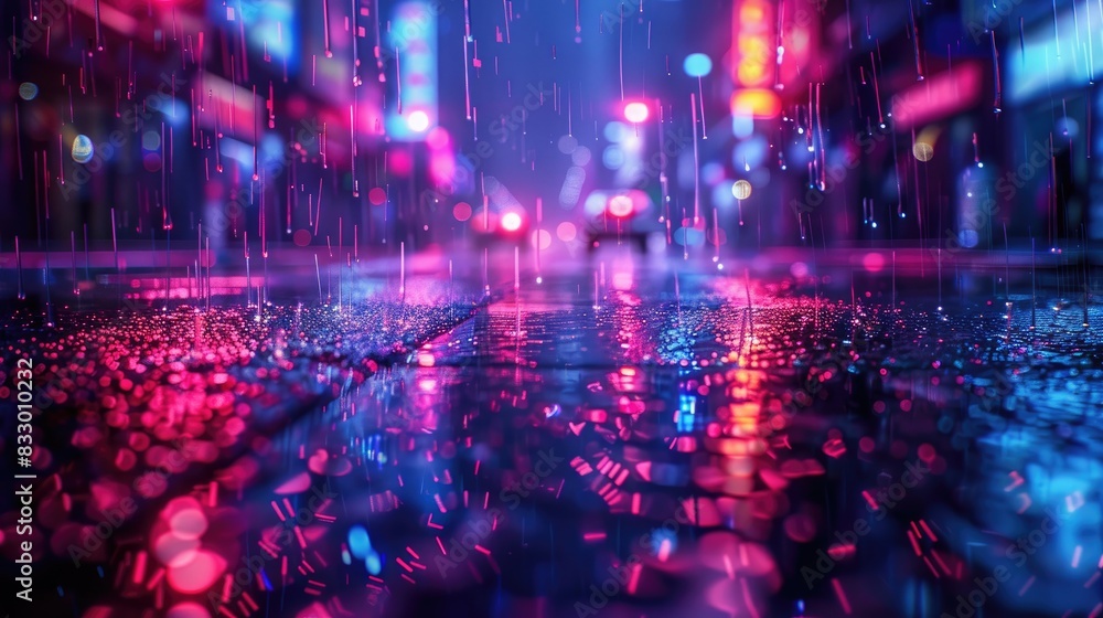 Fototapeta premium Vibrant city street at night, reflecting neon lights and colors on wet pavement, creating a stunning urban scene with dreamy atmospheric rain.