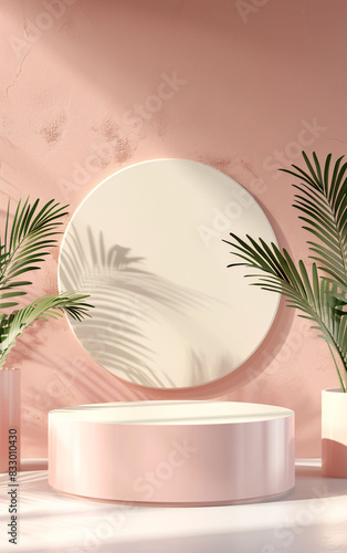 3d round podium for display beauty product with palm leaves gobo shadow scene in pink and gold theme