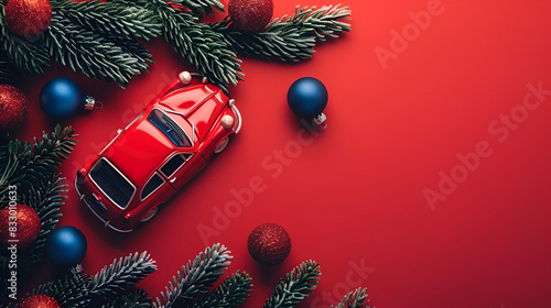 Christmas background Red toy car with a Christmas, generative AI