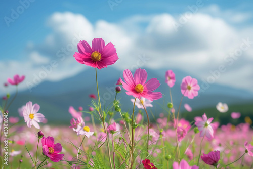 Cosmos flower field in summer with mountain background at Biei province  Hokkaido  Japan   