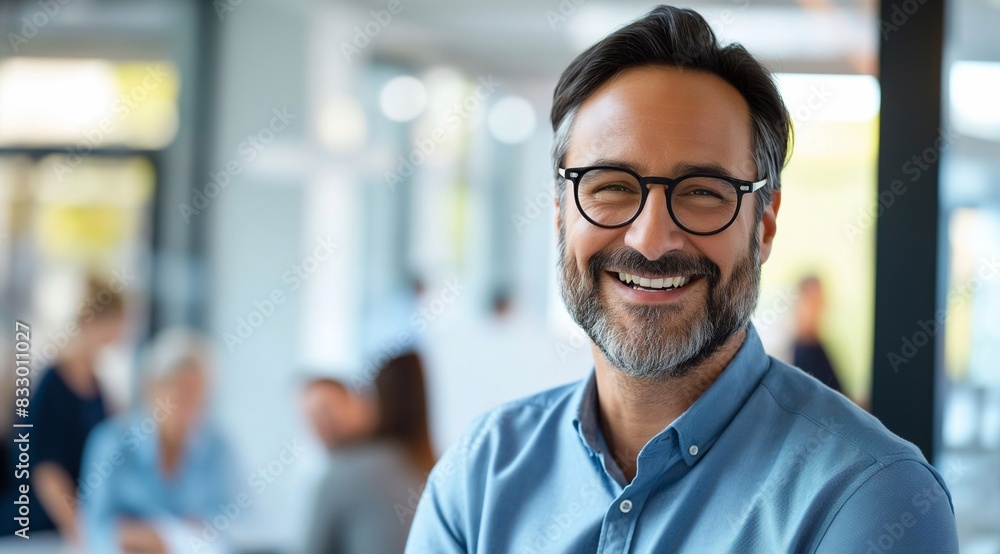 an attractive, confident and smiling middle-aged man wearing business casual talking to Colleagues at the office. generative AI an attractive, confident and smiling middle-aged man wearing business casual talking to Colleagues at the office. generative AI