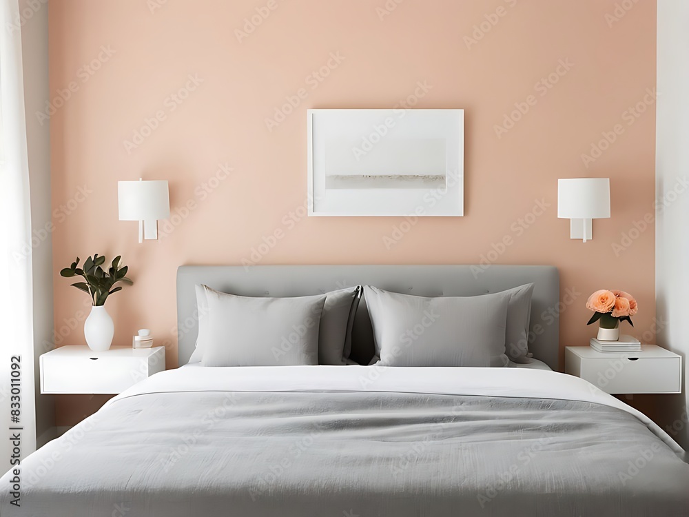 Obraz premium Bedroom in delicate peach fuzz color panton furniture and accent wall. Modern luxury room interior home or hotel design. Empty warm apricot paint background for art.3d render 