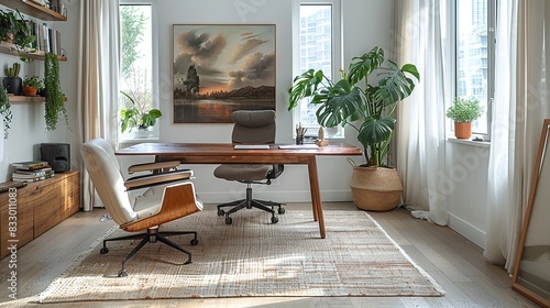 Mid-Century Home Office Design with Natural Light and Decorative Plants photo