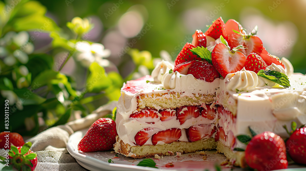 Close-up of cut strawberry cake Close-up of cut strawberry cake