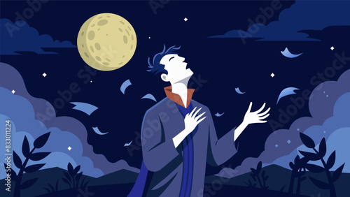 Under the moons gentle glow a poet lets their emotions run wild creating powerful and raw pieces of poetry.. Vector illustration
