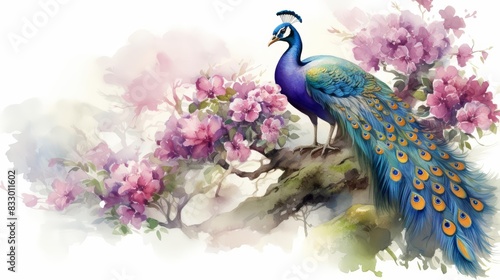 A watercolor of a peacock