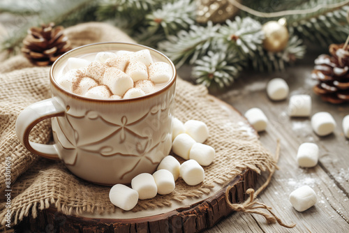 Cup of hot cocoa with marshmallows on rustic wooden table. Christmas still life. Winter beverage.