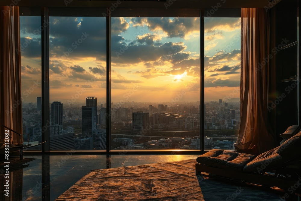 Fototapeta premium A room with a view of the city, Clean wooden plank conference room interior , AI generated