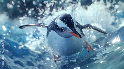 Energetic Penguin Diving Into Icy Antarctic Ocean Waves