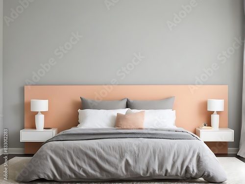  Bedroom in delicate peach fuzz color panton furniture and accent wall. Modern luxury room interior home or hotel design. Empty warm apricot paint background for art.3d render 
