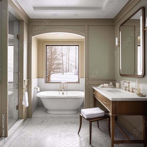 Country bathroom decor  interior design and home improvement  bathtub and bathroom furniture  country cottage style in winter  post-processed  generative ai