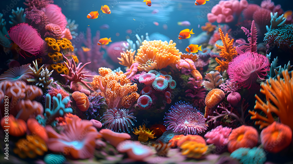 A vibrant nature coral atoll landscape with divers exploring the underwater world, the scene captured with a tilt-shift lens