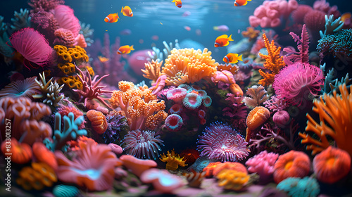 A vibrant nature coral atoll landscape with divers exploring the underwater world  the scene captured with a tilt-shift lens