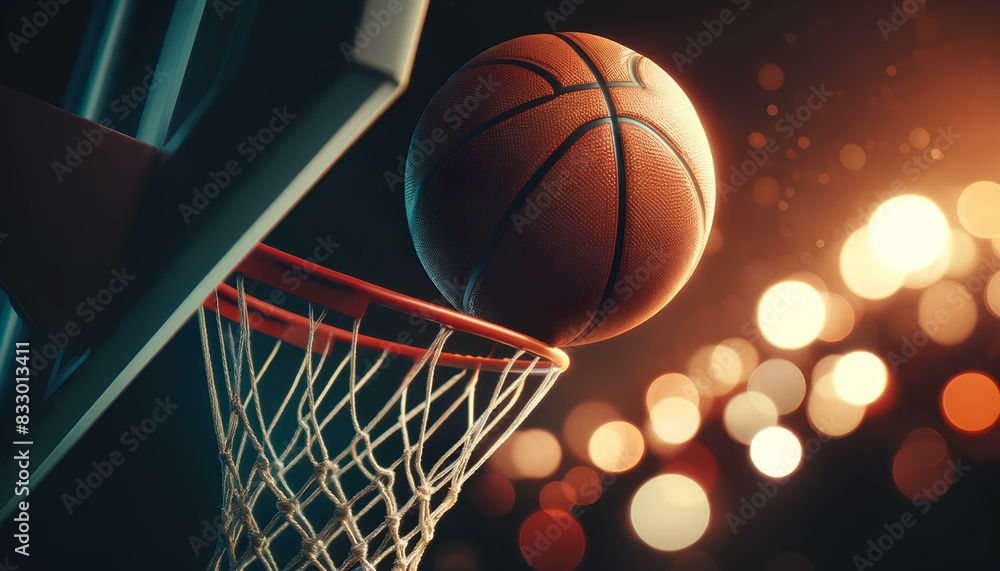 The close-up images of a basketball on a hoop with a bokeh effect. The close-up images of a basketball on a hoop with a bokeh effect.