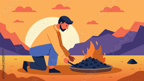 As the first signs of dawn appear a man carefully uncovers a pit of freshly made charcoal ready to be sifted and cooled before use.. Vector illustration