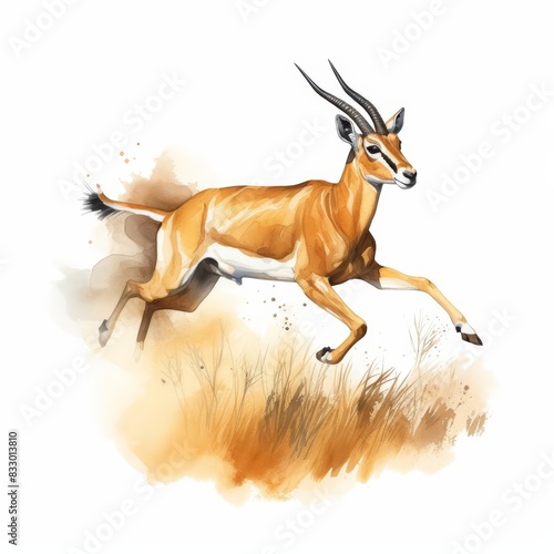 A watercolor of an antelope  swift and agile  leaping across the savanna  capturing the essence of speed and elegance  amidst a golden  sunlit plain  Clipart isolated on white