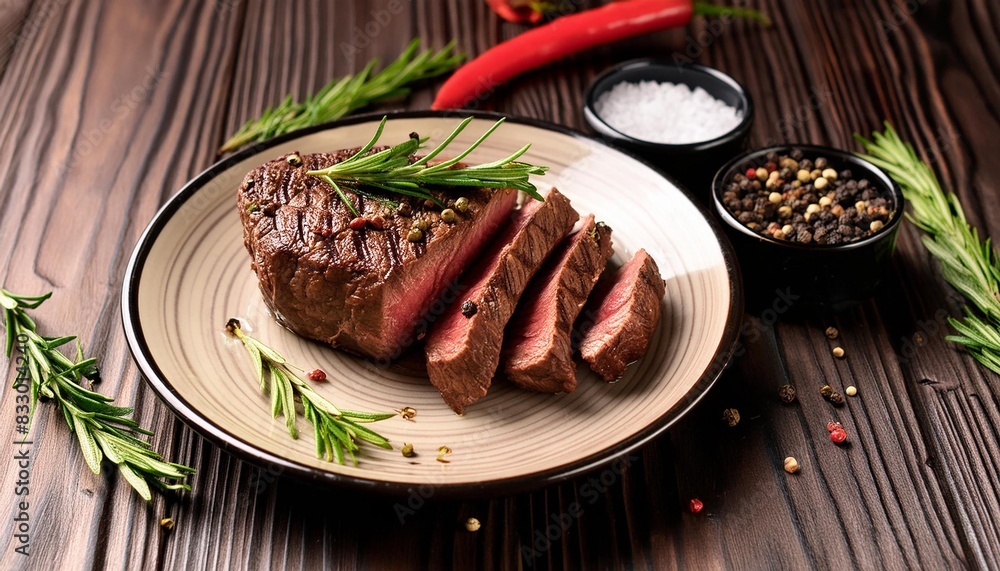 Beef steak grilled in plate on wooden background Beef steak grilled in plate on wooden background