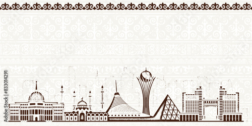 Ethnic background, frame, sights of Astana - capital of Kazakhstan, vector design