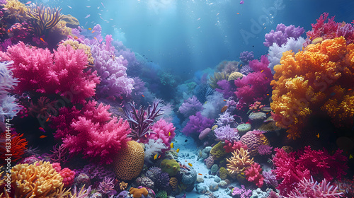 A vibrant nature coral atoll landscape with a variety of marine life  the corals creating a colorful underwater garden