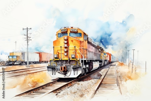 A watercolor of freight trains