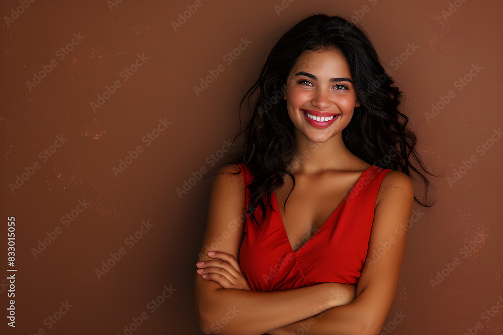 A smiling Latin woman with arms crossed on a brown background, portraying confidence and happiness. A smiling Latin woman with arms crossed on a brown background, portraying confidence and happiness.