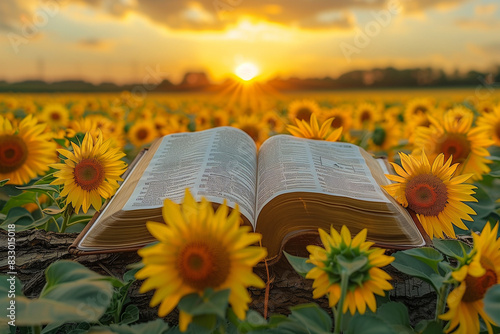 Holy Bible in the middle of a field of sunflowers and the sunrise in the background