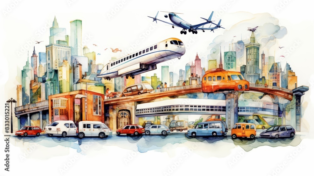 Obraz premium A watercolor of multimodal transport