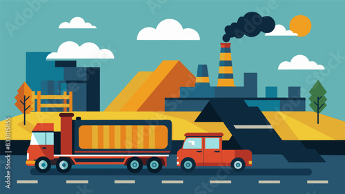 The distinct smell of bituminous asphalt permeating the air as trucks constantly unload raw materials onto the production line.. Vector illustration