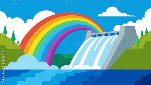 Rainbows form in the mist created by the crashing water at the base of the hydroelectric dam a mesmerizing sight to behold.. Vector illustration