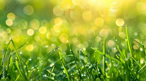 landscape photo of sunlight reflecting dewdrops on fresh green grass