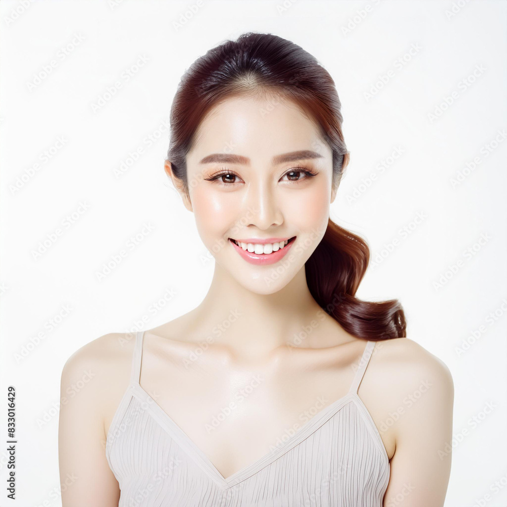Asian woman with beautiful skin, long hair, beautiful face, wearing a tank top. Asian woman with beautiful skin, long hair, beautiful face, wearing a tank top.