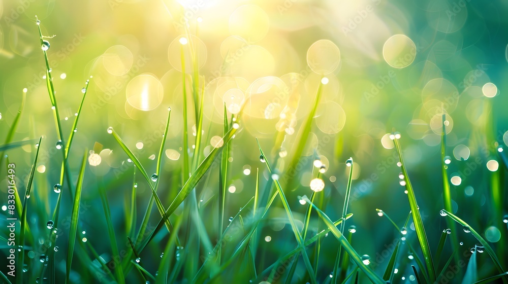 Fototapeta premium landscape photo of sunlight reflecting dewdrops on fresh green grass