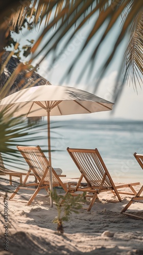 Two wooden lounge chairs under a white beach umbrella on a tropical beach  with palm fronds framing the scene