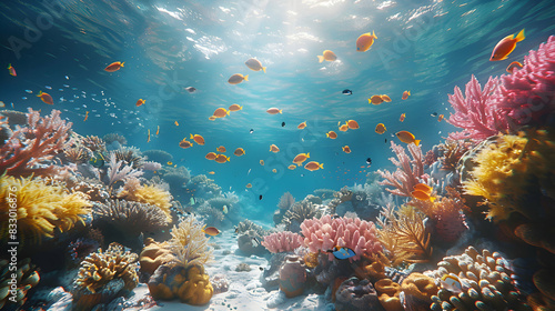 A vibrant nature coral reef landscape with schools of fish swimming among the corals, the water crystal clear © MistoGraphy