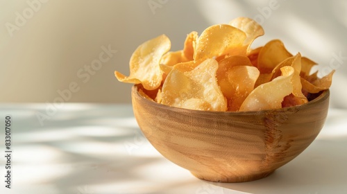 Prawn Crackers Presented in a Wooden Bowl on a White Surface photo