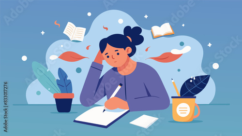 In the midst of a busy day the writer takes a moment to pause and write in their journal with their nondominant hand connecting with their. Vector illustration