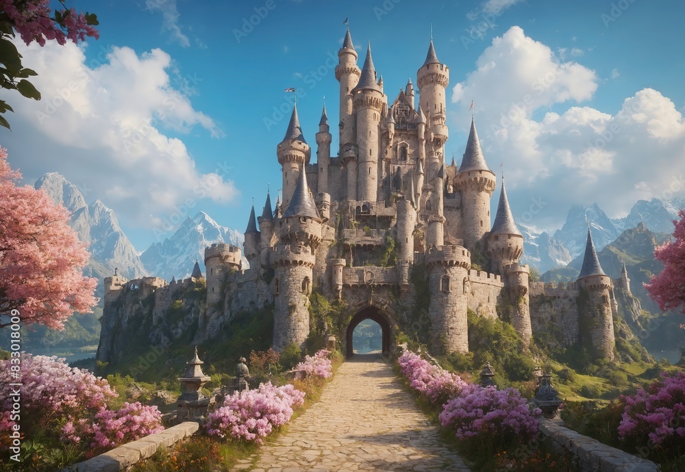Obraz premium Magnificent and enthralling game art castle reminiscent of a fantasy land, with tall towers, a drawbridge, and an expansive garden