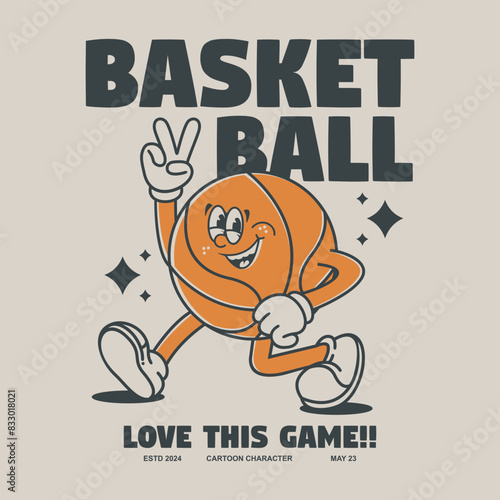 Funny cartoon character of basketball. Can be used as Sticker, posters, prints. Retro cartoon style. Vector illustration