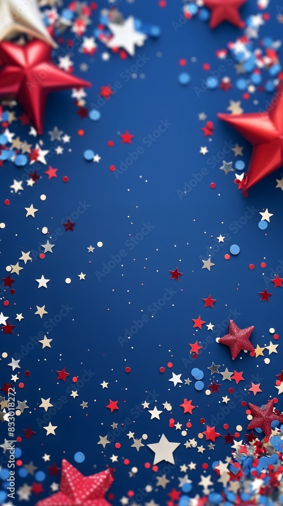 Red, white, and blue stars and confetti scattered on a deep blue background, creating a festive and patriotic atmosphere Red, white, and blue stars and confetti scattered on a deep blue background, creating a festive and patriotic atmosphere