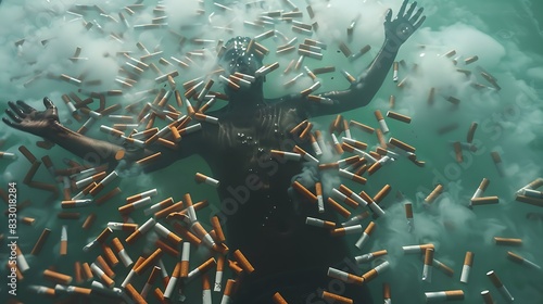 A person drowning in a sea of cigarette butts illustrating the overwhelming and suffocating nature of smoking addiction photo