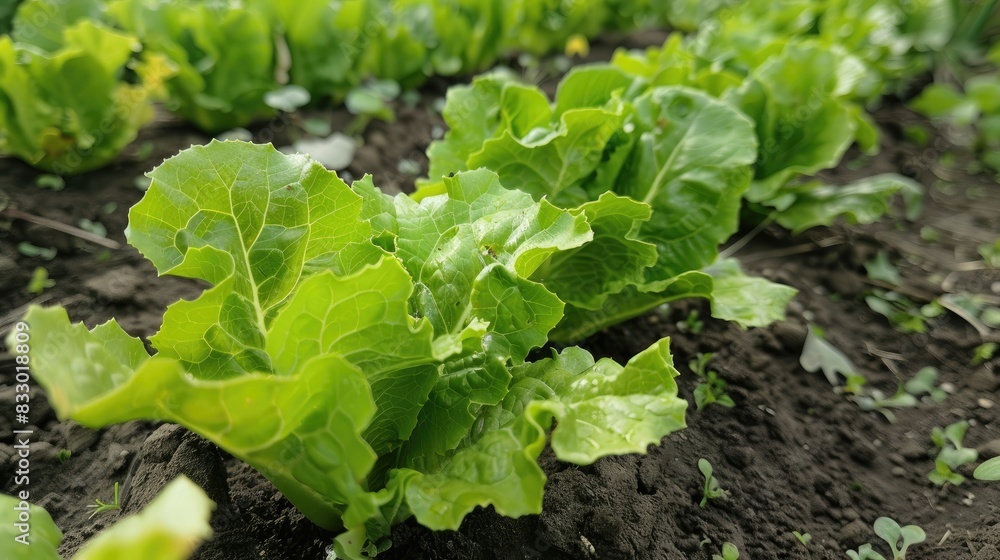 Field of Lettuce Growing Green Lactuca sativa Leaves in a Garden Bed Field of Lettuce Growing Green Lactuca sativa Leaves in a Garden Bed