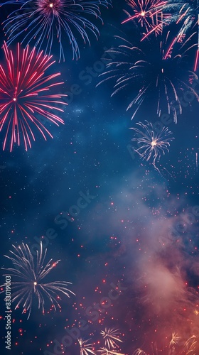 Fireworks in red, orange, and blue burst against a starry night sky, creating a vibrant and festive display photo