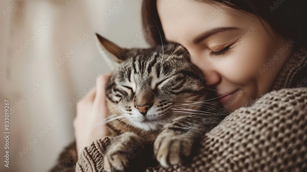 Produce a high-quality, studio-style image of a person hugging their cat, with professional lighting and a neutral background to focus on the pure connection Hug Your Cat Day Produce a high-quality, studio-style image of a person hugging their cat, with professional lighting and a neutral background to focus on the pure connection Hug Your Cat Day