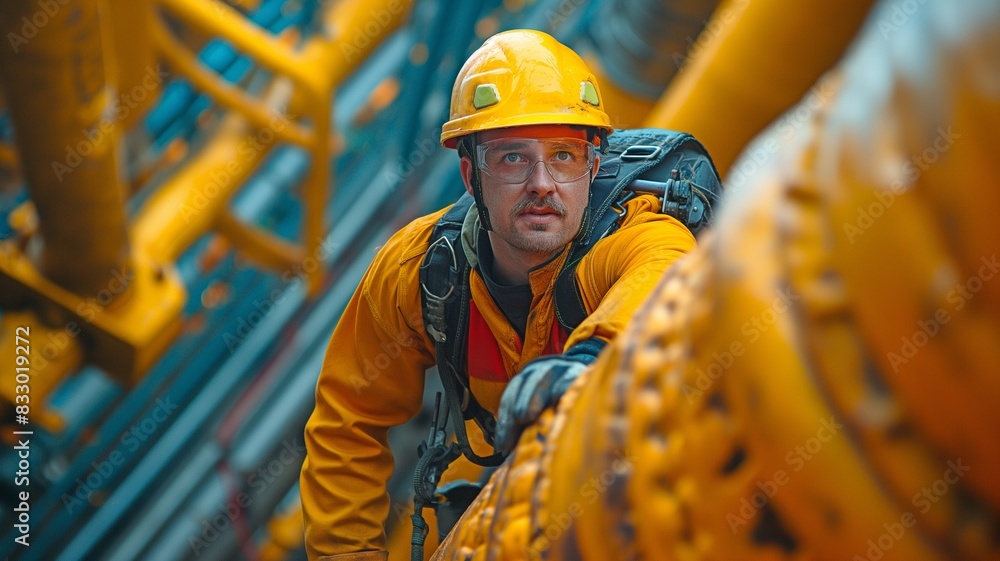 An offshore drill male worker inspects the thickness of the yellow oil and gas production petroleum pipeline by rope access. An offshore drill male worker inspects the thickness of the yellow oil and gas production petroleum pipeline by rope access.