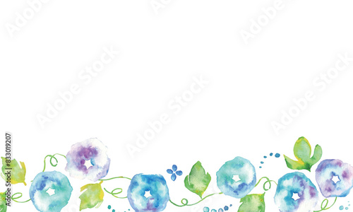                                                                                                                         Watercolor painting. Morning glory vector illustration with watercolor touch. Summer morning glory frame background. Japanese style morning glory material.