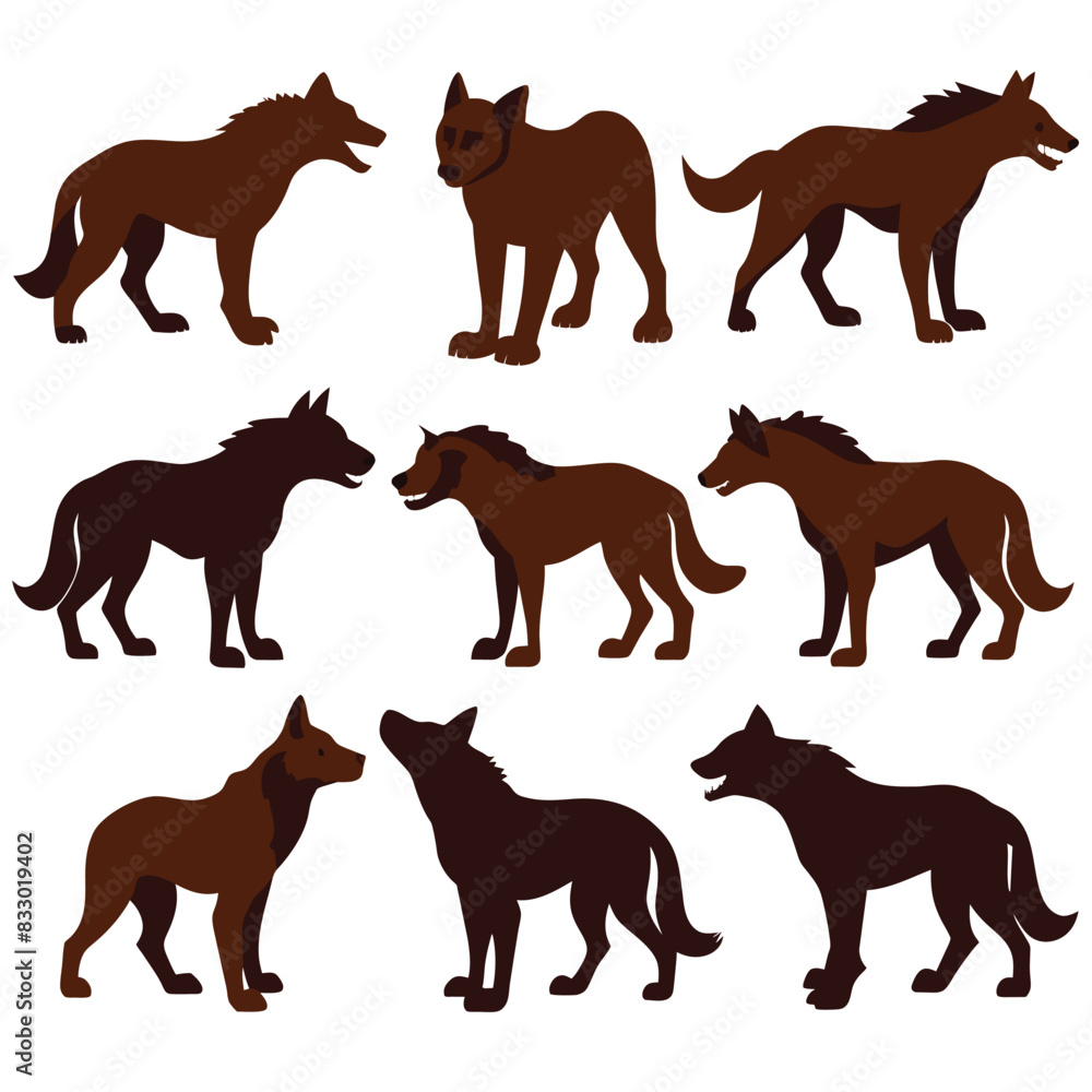 Set of Brown Hyena animal black silhouettes vector on white background