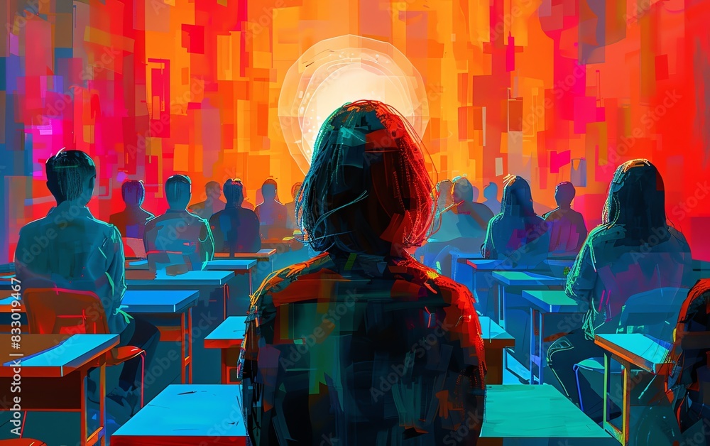 Craft a visually striking image of an abstract classroom viewed from behind, where surreal teaching methods illuminate the minds of students with mind-bending lessons Craft a visually striking image of an abstract classroom viewed from behind, where surreal teaching methods illuminate the minds of students with mind-bending lessons